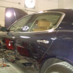 Before and after photographs of a damaged, blue, Maserati that was repaired by Elite Paint & Body Shop in West Palm Beach, FL.